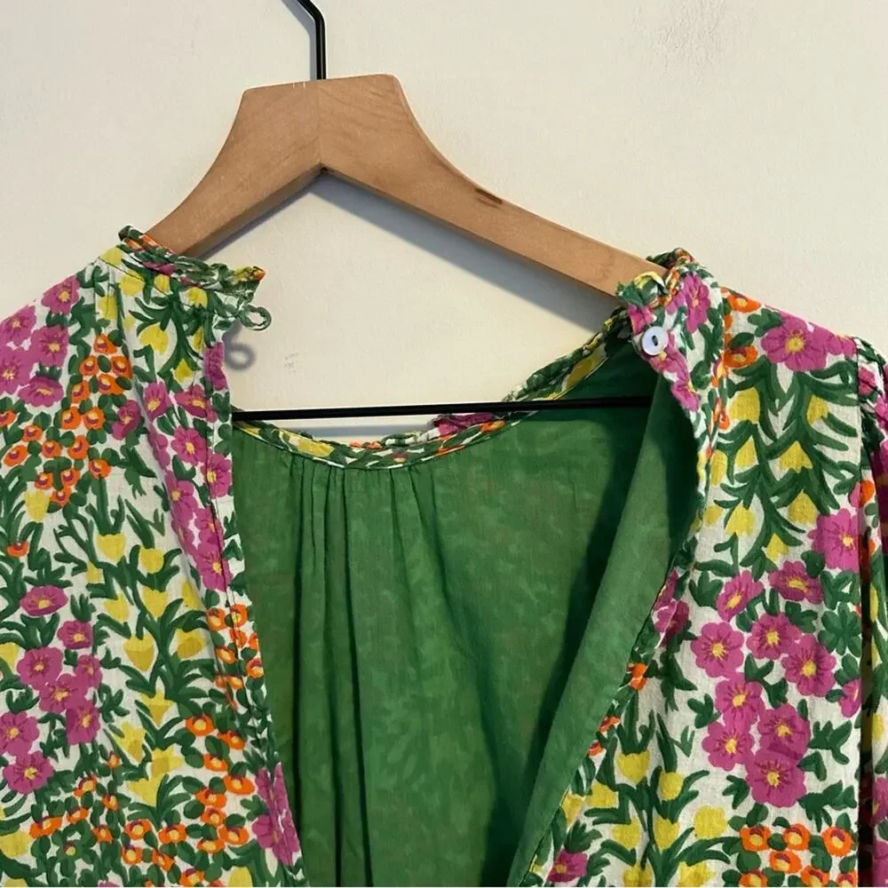 Tuckernuck Banjanan Green Pink Botanical Floral Cotton Long Sleeve Mini Dress S